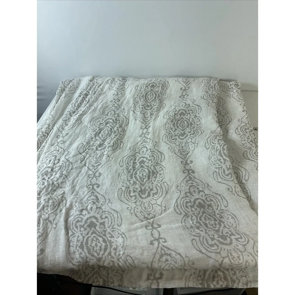 2 Pottery Barn Linen Sheer Curtain Panels White Grey Damask paisley 50